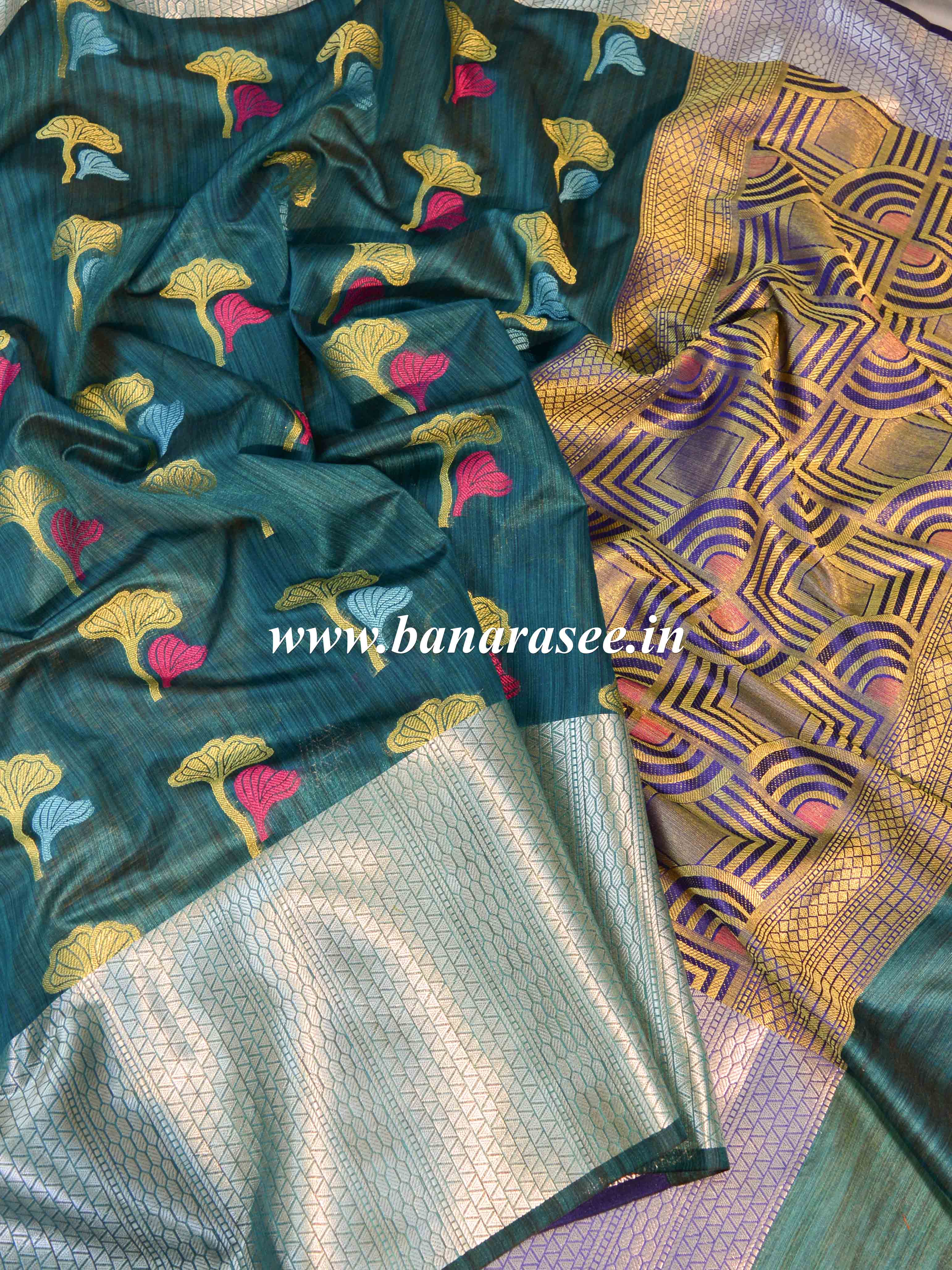Banarasee Cotton Silk Mix Banswada Sari With Floral Buta & Skirt Border-Green