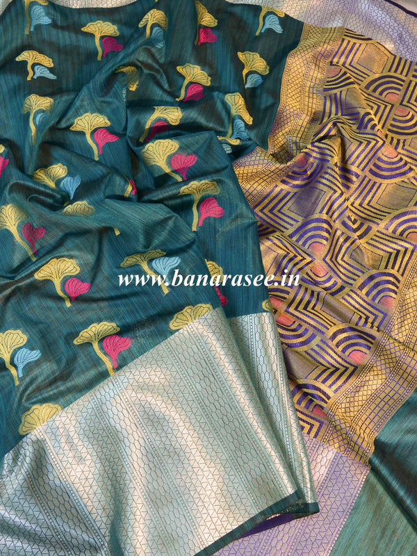 Banarasee Cotton Silk Mix Banswada Sari With Floral Buta & Skirt Border-Green