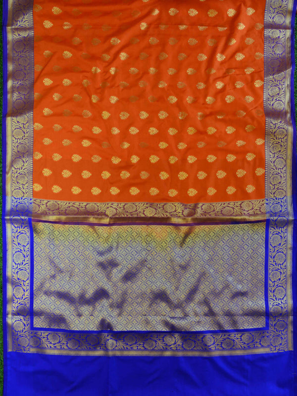 Banarasee Handwoven Semi Silk Saree With Zari Buta Design & Floral Border-Orange