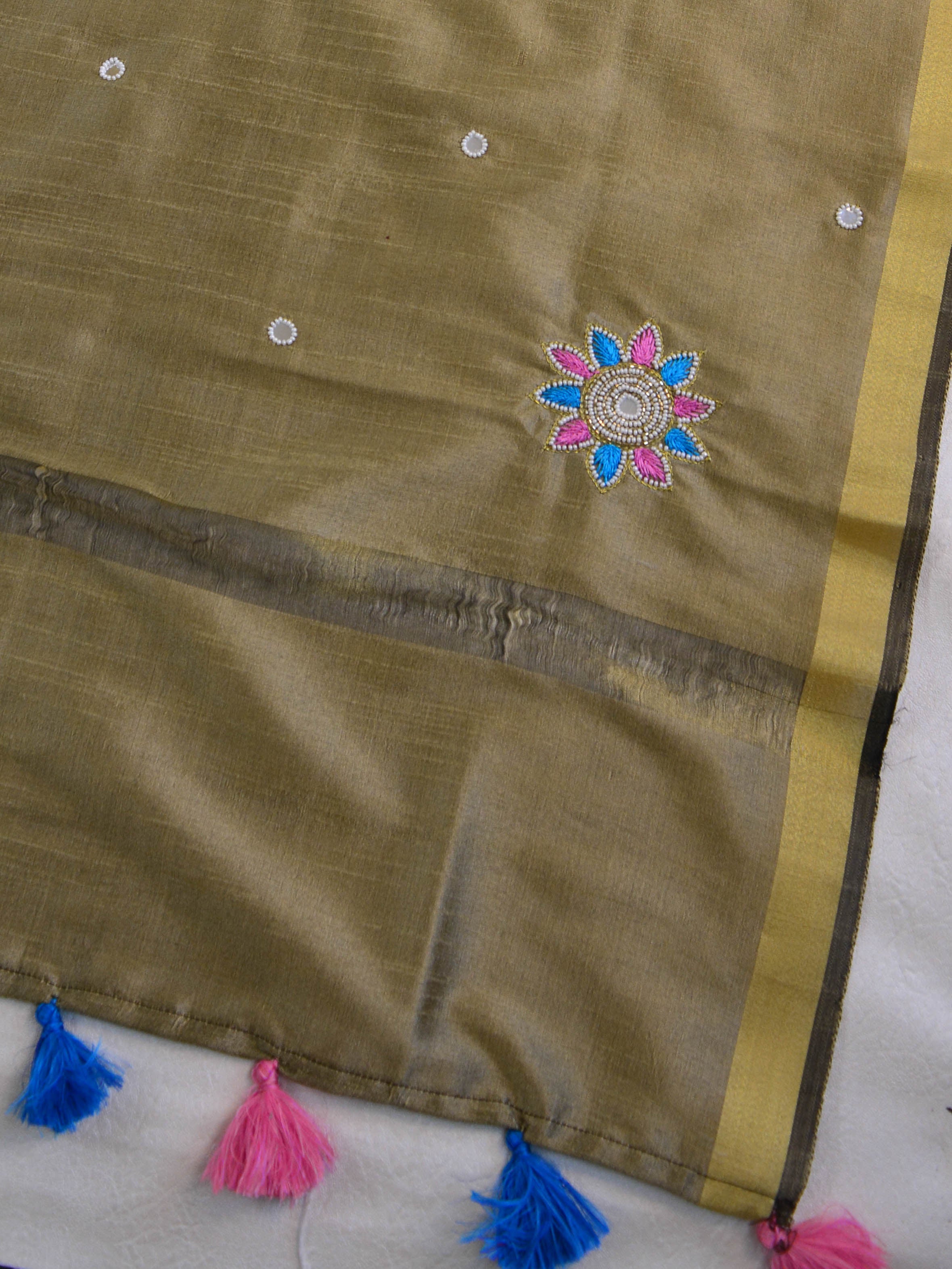 Banarasee Art Silk Dupatta With Mirror Work & Hand-Embroidered Motifs-Dull Gold