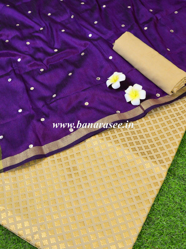 Banarasee Brocade Salwar Kameez Fabric With Mirror Work Dupatta-Purple & Beige