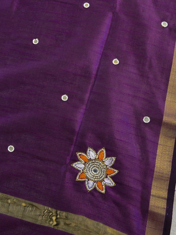 Banarasee Art Silk Dupatta With Mirror Work & Hand-Embroidered Motifs-Violet