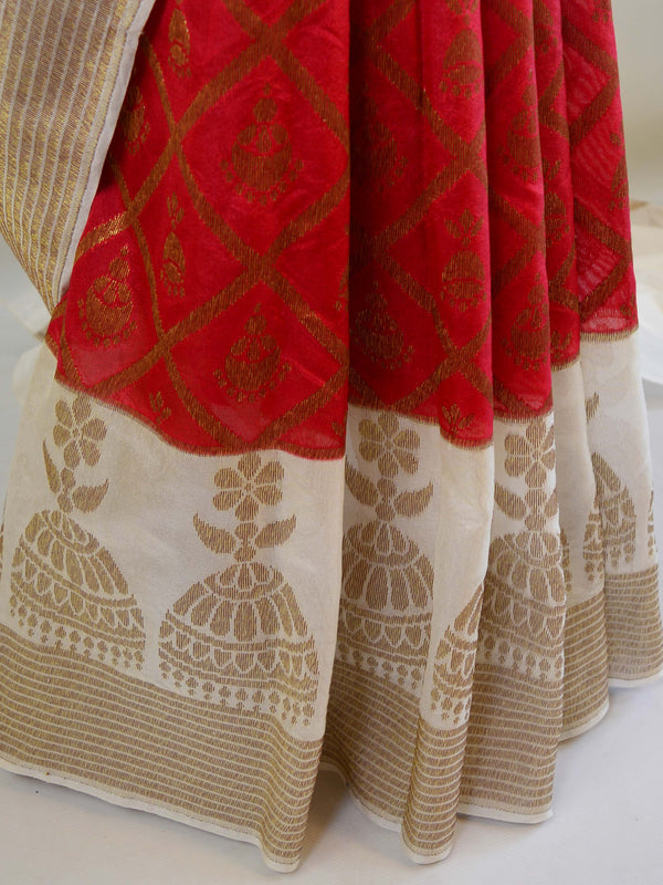 Banarasee Handwoven Semi Silk Saree With Contrast Border-Red & White