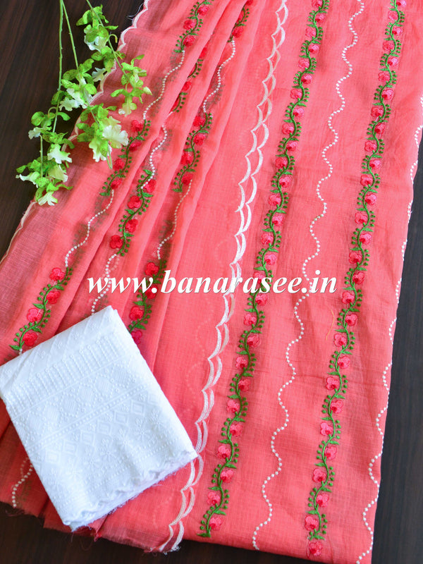 Banarasee Kota Doria Hand-Embroidered Salwar Kameez Dupatta Set-Pink