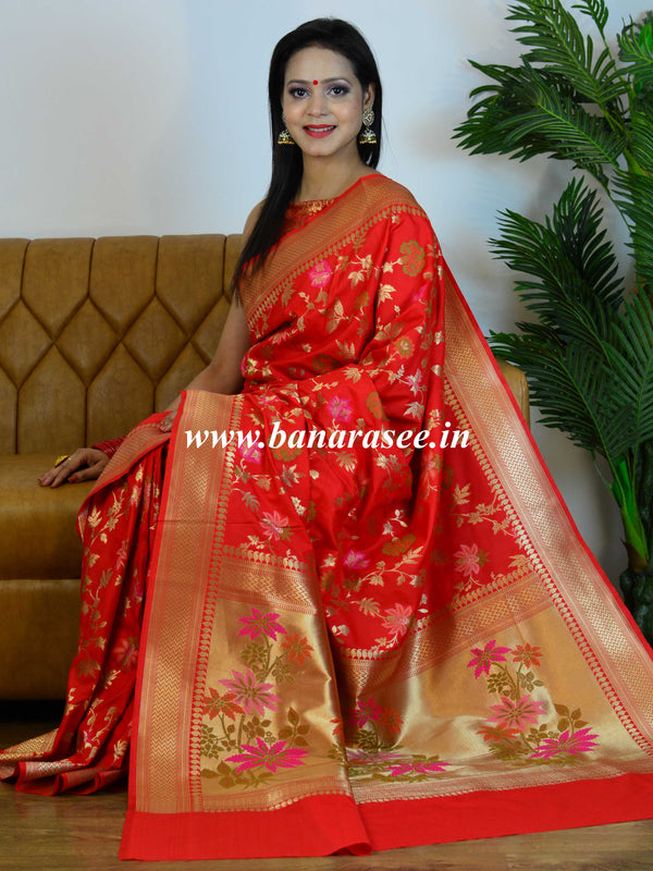 Banarasee Pure Silk Saree With Floral Design-Red