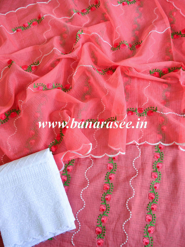 Banarasee Kota Doria Hand-Embroidered Salwar Kameez Dupatta Set-Pink
