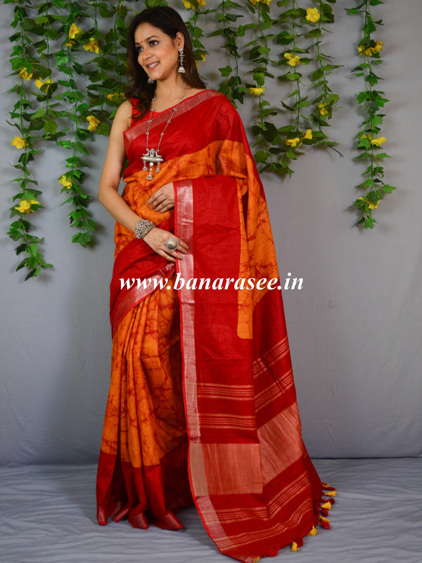 Bhagalpur Handloom Pure Linen Cotton Hand-Dyed Shibori Pattern Saree-Red