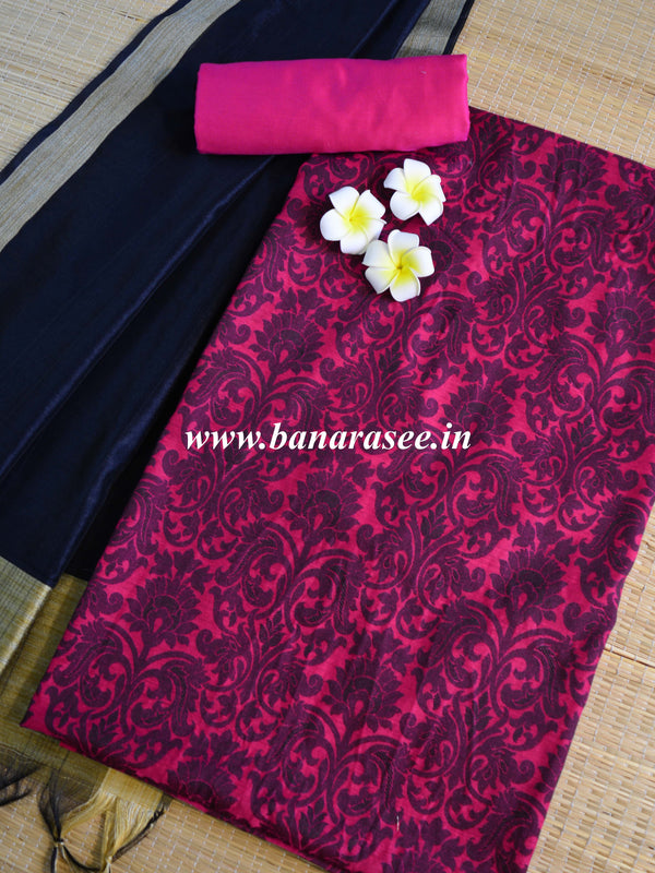 Banarasee Cotton Silk Salwar Kameez Ghichha Leaf Buti Fabric & Dupatta-Pink & Black