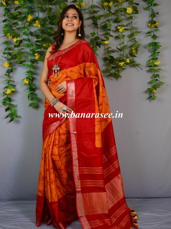 Bhagalpur Handloom Pure Linen Cotton Hand-Dyed Shibori Pattern Saree-Red