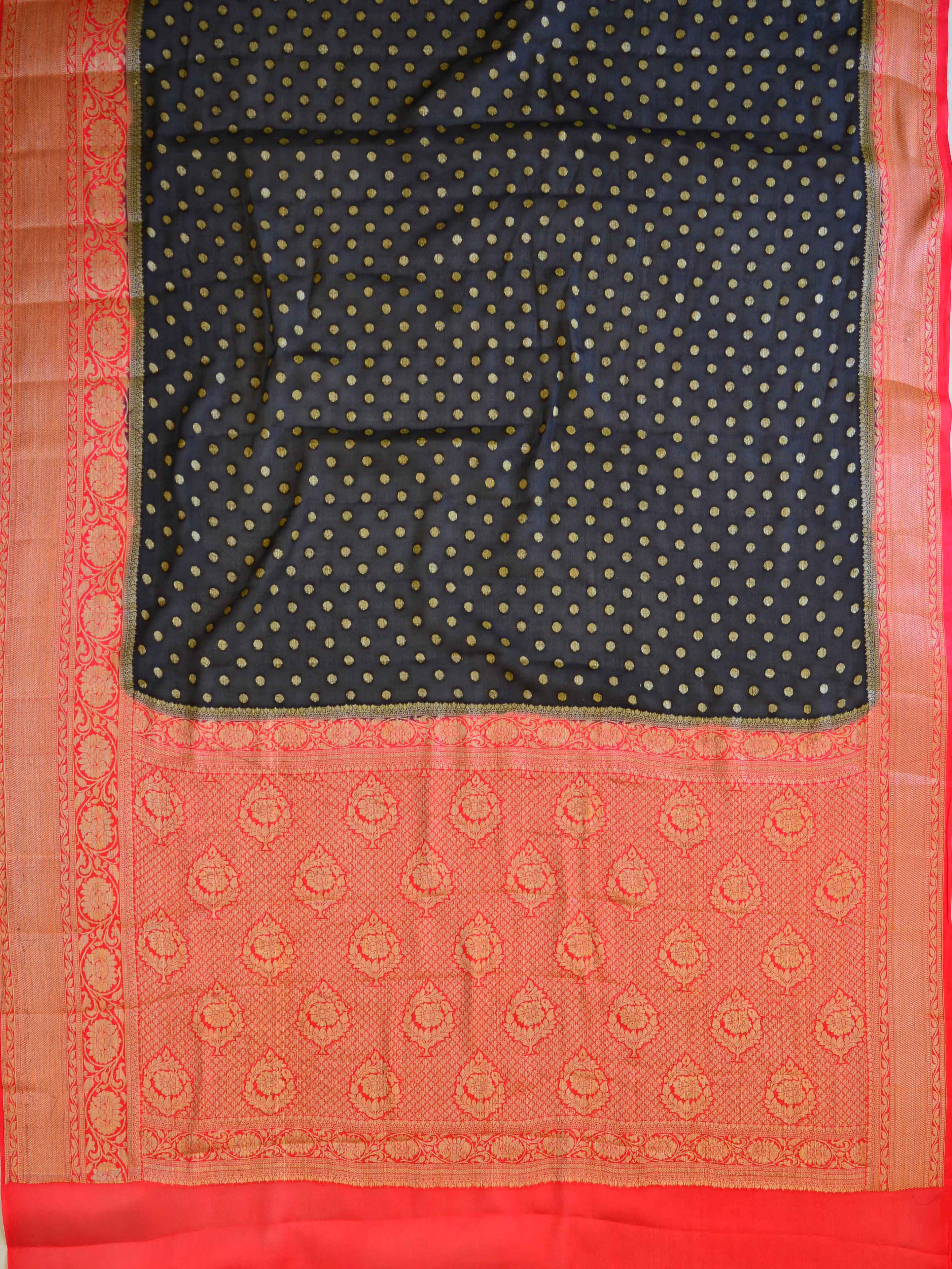 Banarasee Chiffon Floral Zari Buti & Border Saree-Black & Red