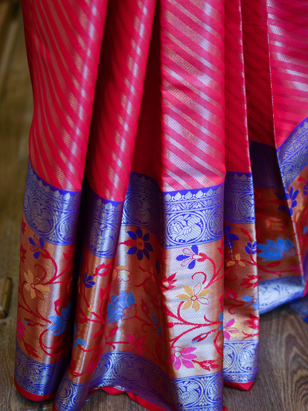Banarasee Handwoven Semi-Katan Broad Contrast Border Saree-Pink