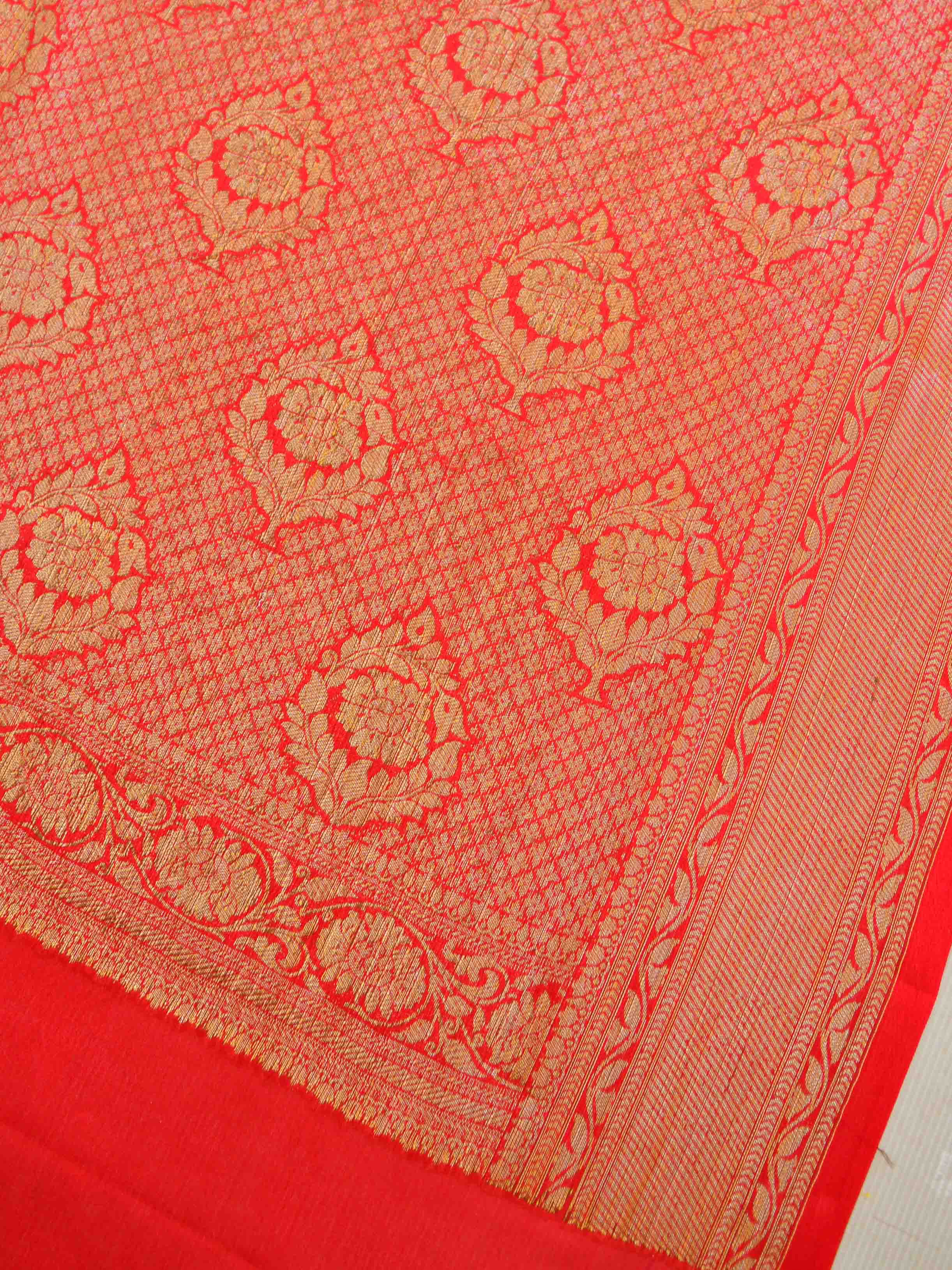 Banarasee Chiffon Floral Zari Buti & Border Saree-Black & Red