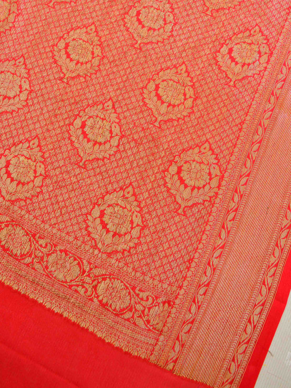 Banarasee Chiffon Floral Zari Buti & Border Saree-Black & Red