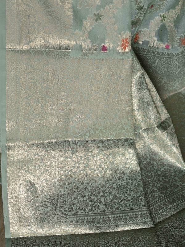 Banarasee Faux Georgette Saree With Zari Jaal Work & Floral Border-Pastel Green