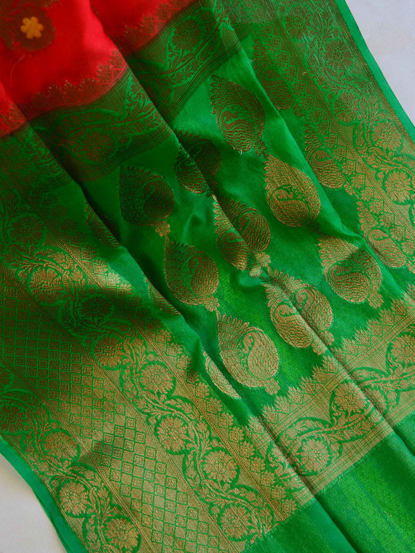 Banarasee Handwoven Semi Silk Saree With Antique Zari Buta Design-Red & Green