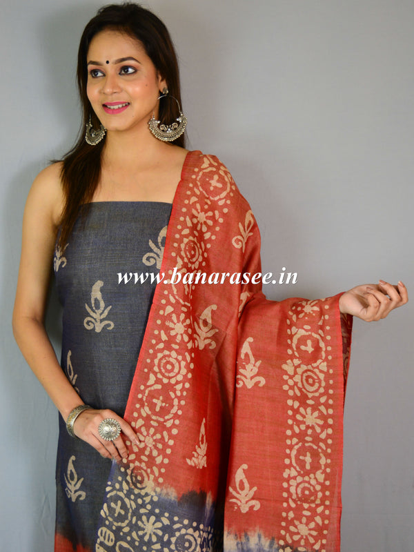 Handloom Khadi Cotton Hand-Dyed Batik Pattern Salwar Kameez Dupatta Set-Blue & Red