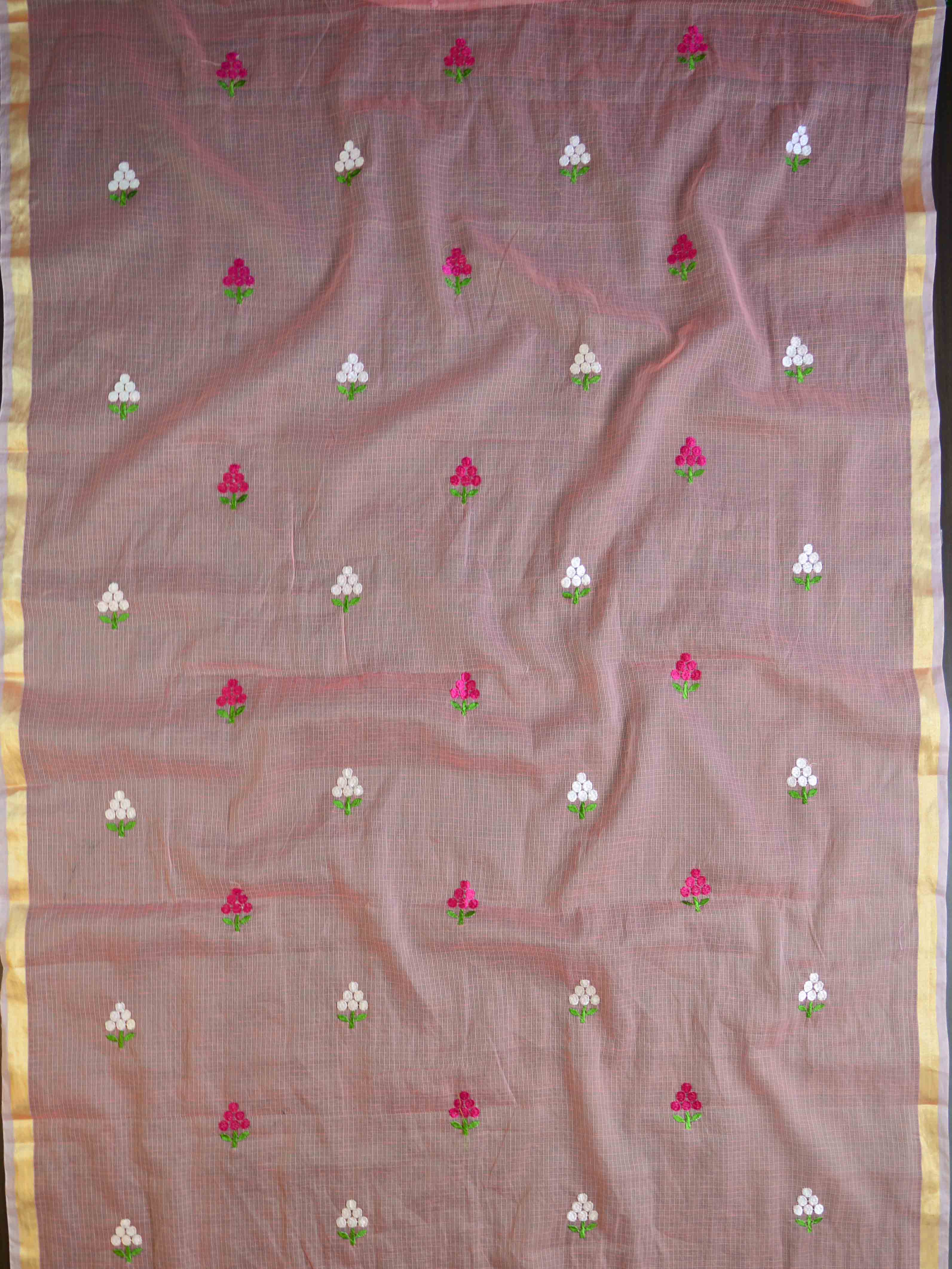 Banarasee Kota Doria Hand-Embroidered Salwar Kameez Dupatta Set-Pink