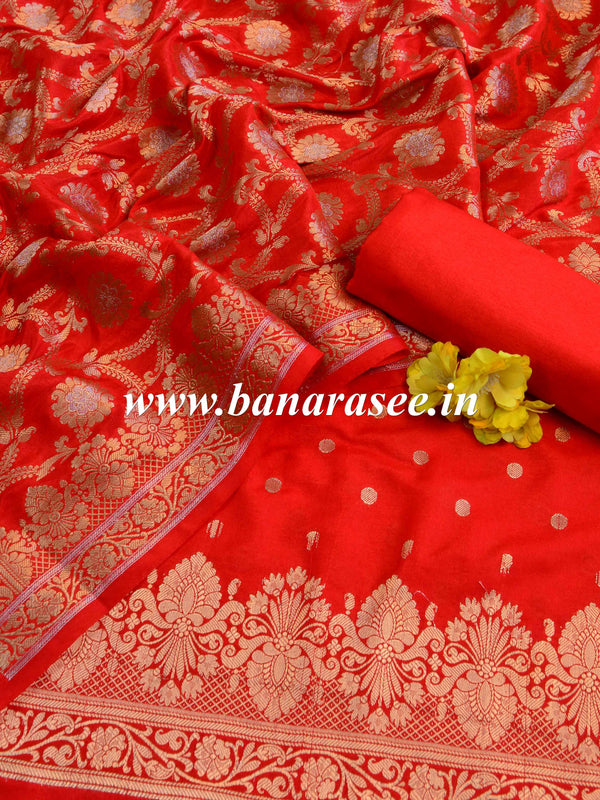 Banarasee Semi Katan Salwar Kameez Dupatta Set With Sona Rupa Zari Work-Red