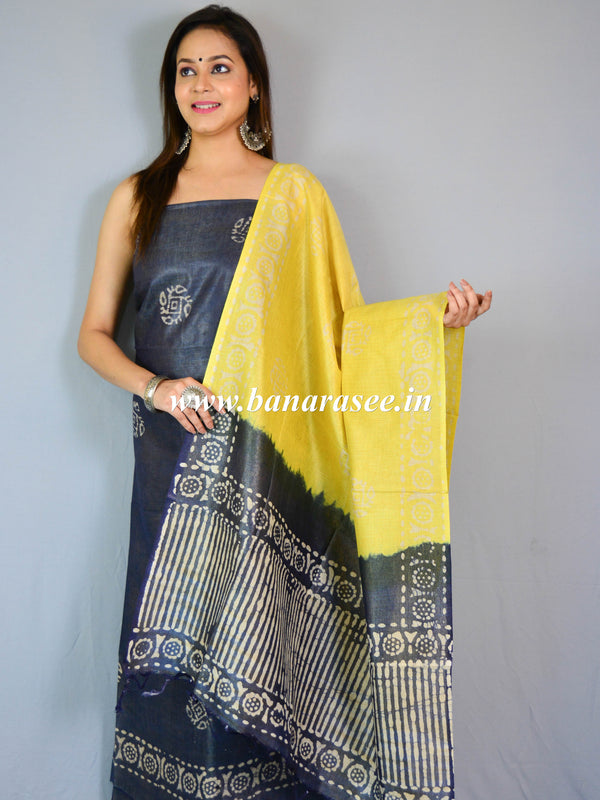 Handloom Khadi Cotton Hand-Dyed Batik Pattern Salwar Kameez Dupatta Set-Blue & Yellow