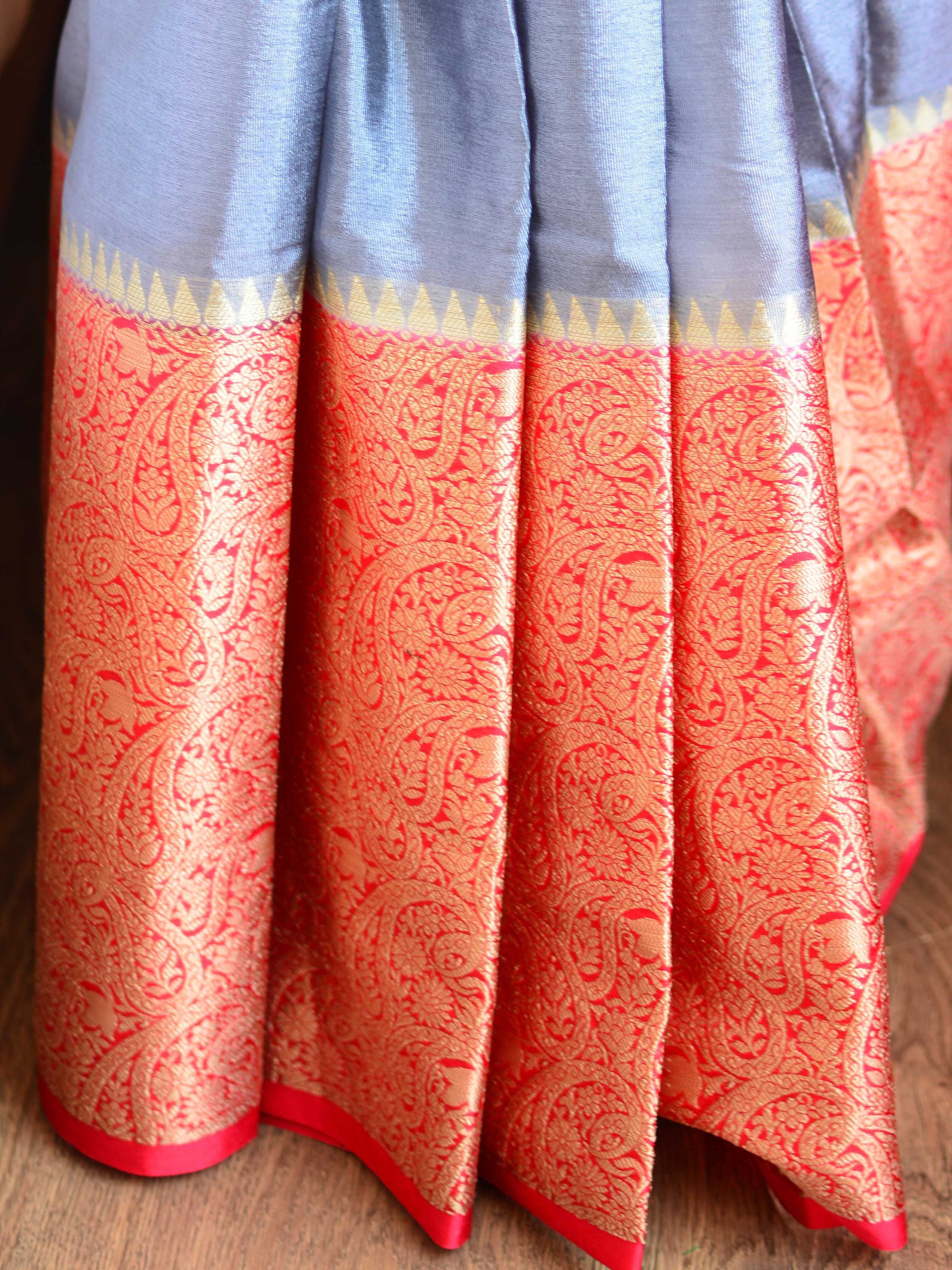 Banarasee Handwoven Semi Silk Saree Broad Zari Border-Grey & Red