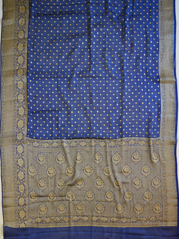 Banarasee Chiffon Floral Zari Buti & Border Saree-Persian Blue