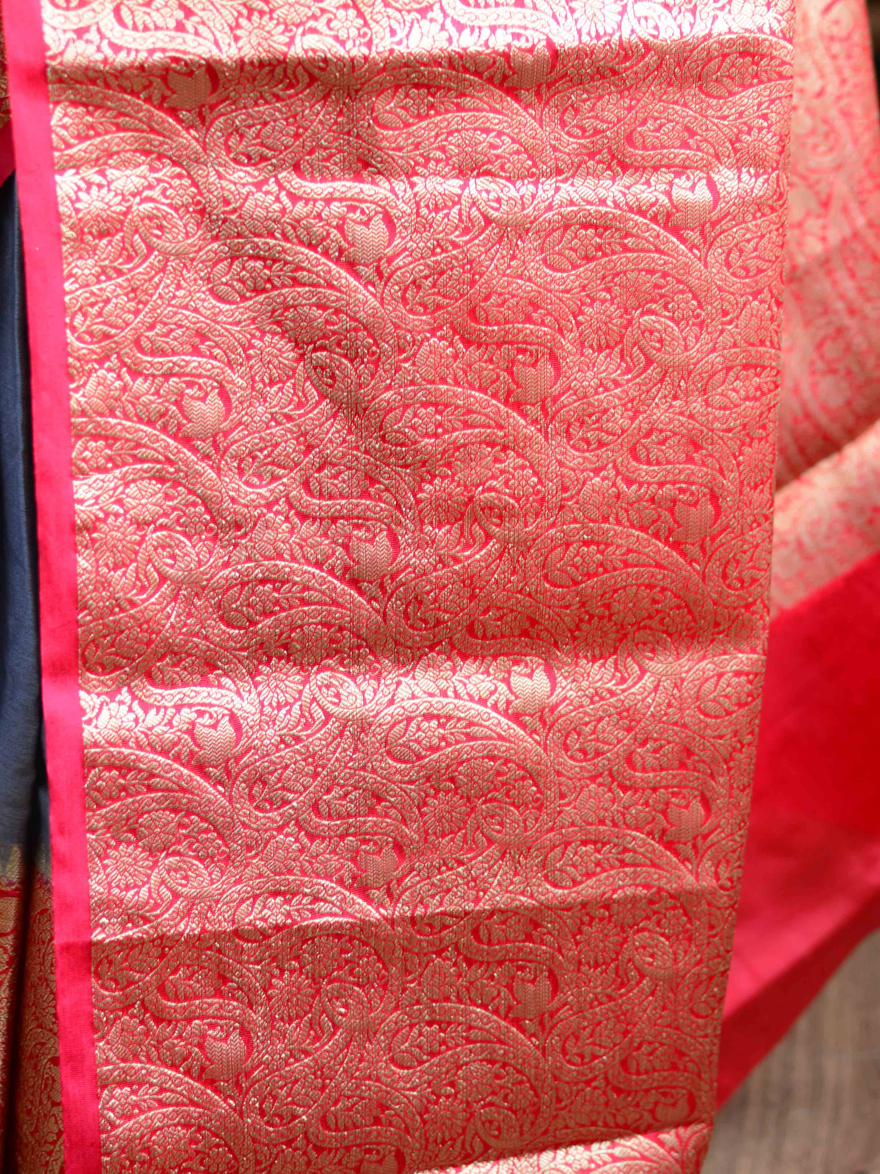 Banarasee Handwoven Semi Silk Saree Broad Zari Border-Grey & Red