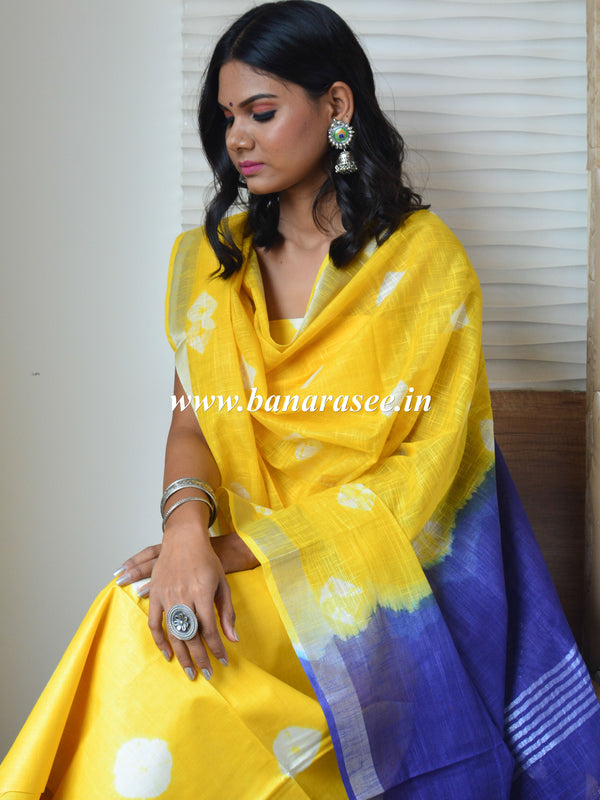 Bhagalpuri Silk Cotton Suit Set With Shibori Dye Design-Yellow & Purple