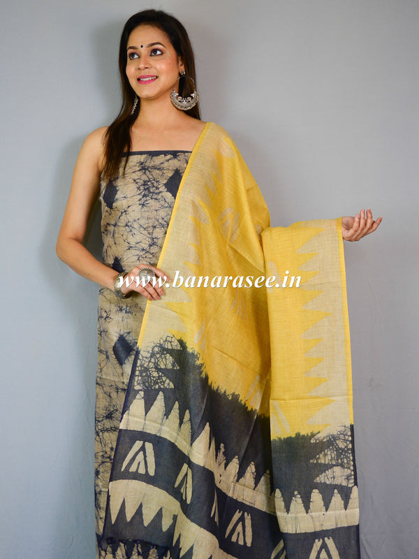 Handloom Khadi Cotton Hand-Dyed Batik Pattern Salwar Kameez Dupatta Set-Beige & Yellow