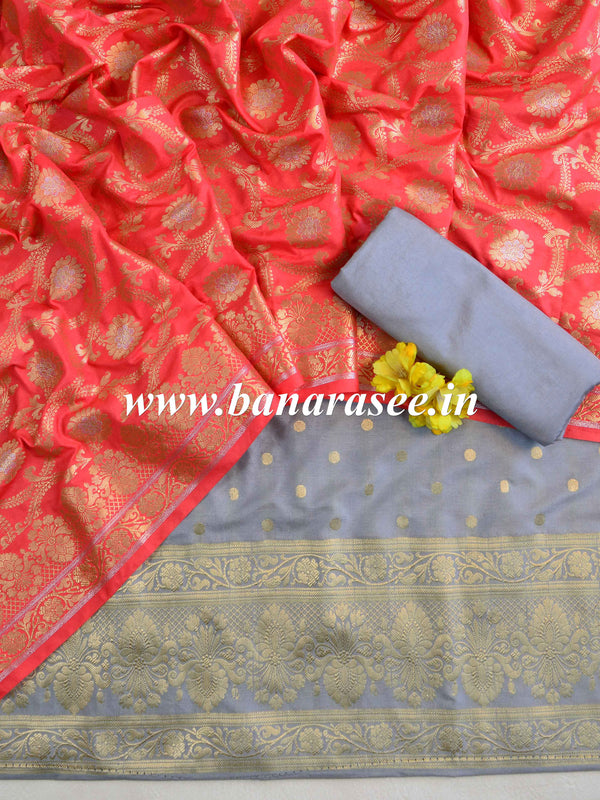 Banarasee Semi Katan Salwar Kameez Dupatta Set With Sona Rupa Zari Work-Grey & Peach