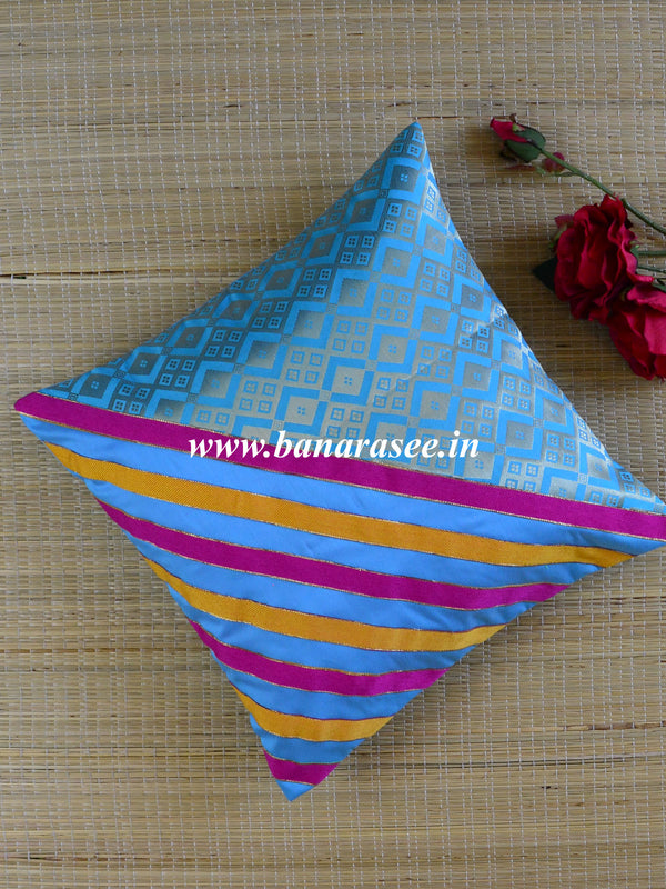 Banarasee Brocade Silk Cushion Cover-Blue