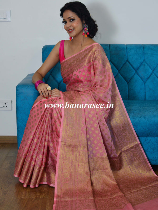 Banarasee Semi Silk Saree With Antique Zari Buti-Rose Pink