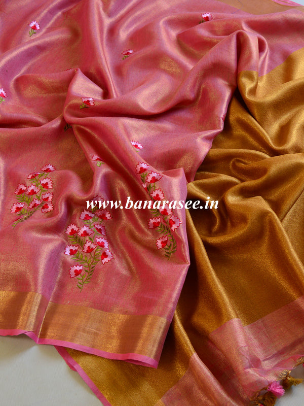 Banarasee Handloom Pure Linen By Tissue Embroidered Saree-Rose Pink(Gold Tone)