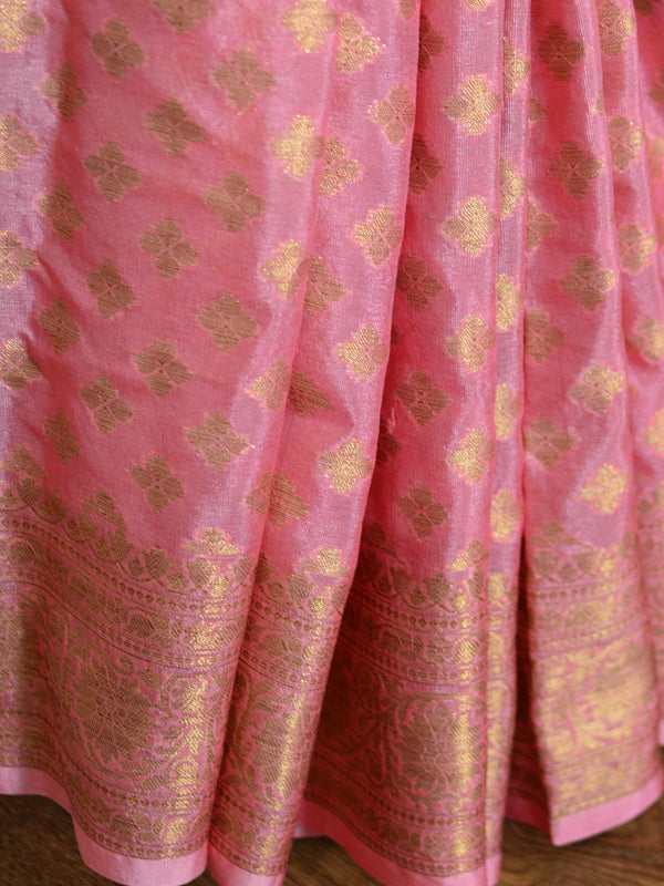 Banarasee Semi Silk Saree With Antique Zari Buti-Rose Pink