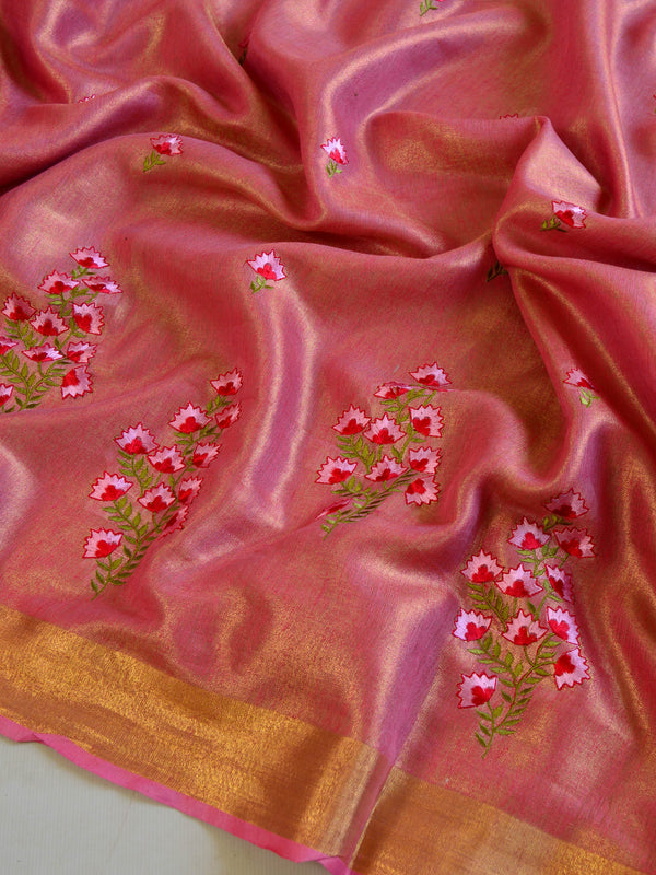 Banarasee Handloom Pure Linen By Tissue Embroidered Saree-Rose Pink(Gold Tone)