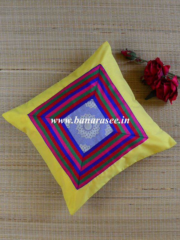 Banarasee Brocade Silk Cushion Cover-Yellow