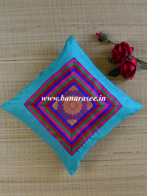 Banarasee Brocade Silk Cushion Cover-Blue
