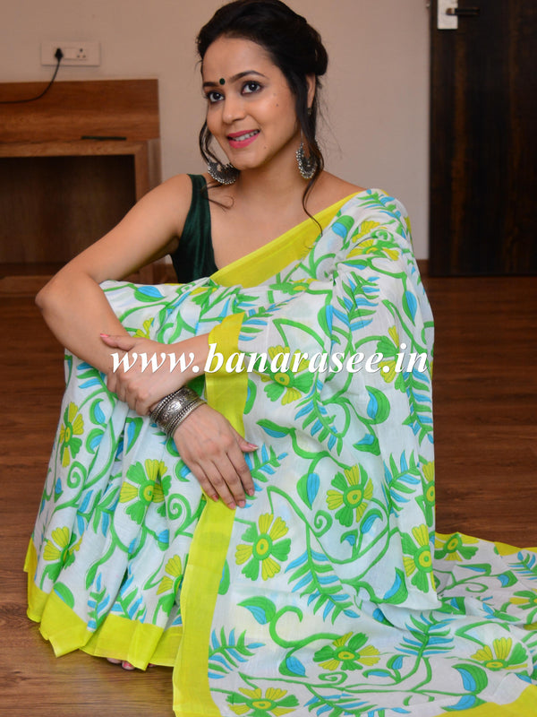 Handloom Mul Cotton Ajrakh Print Saree-White