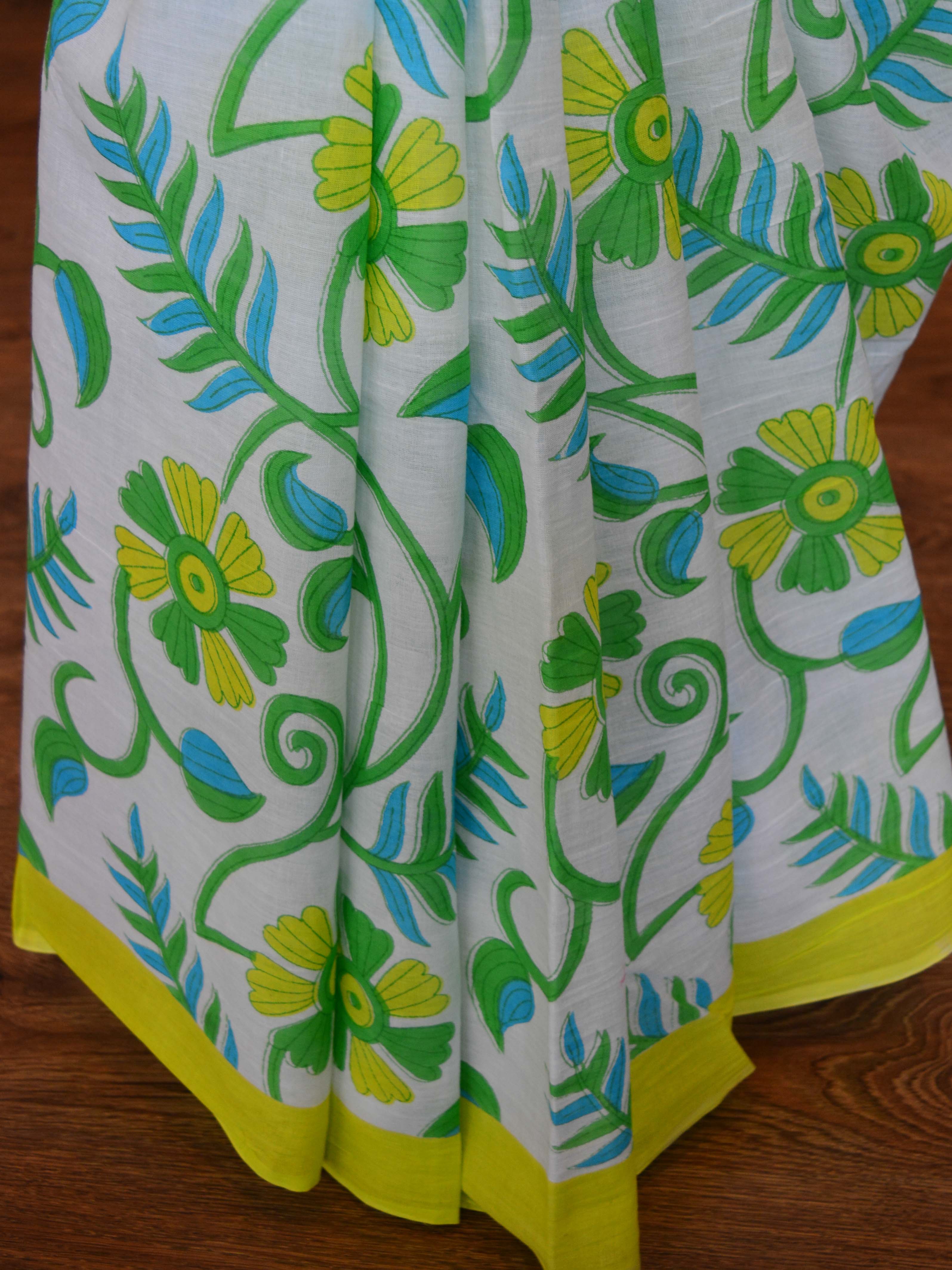 Handloom Mul Cotton Ajrakh Print Saree-White