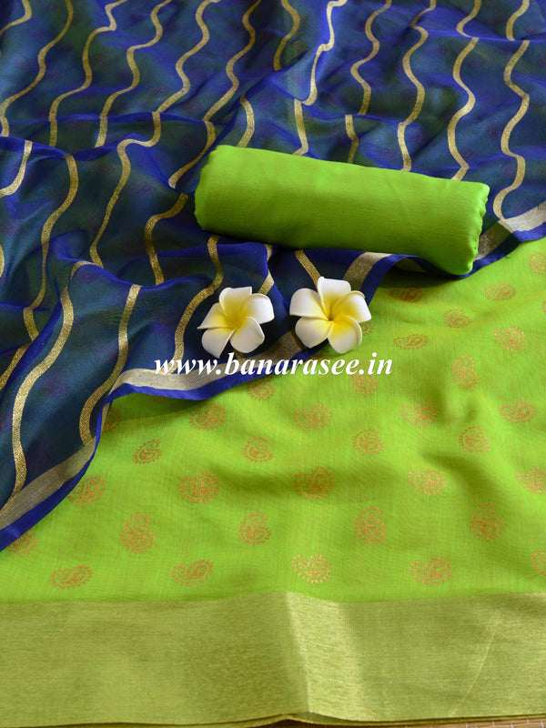 Banarasee Chanderi Salwar Kameez Gold Buta Fabric Dupatta-Green & Blue