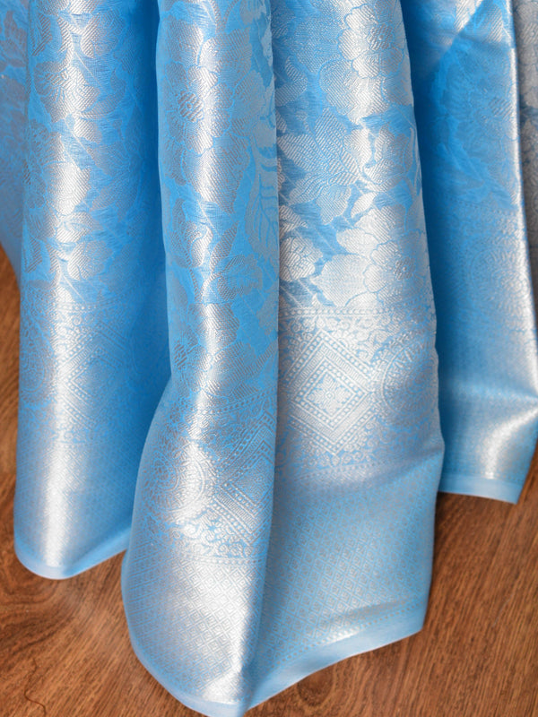 Banarasee Handwoven Semi Silk Saree With Floral Jaal & Broad Border-Blue