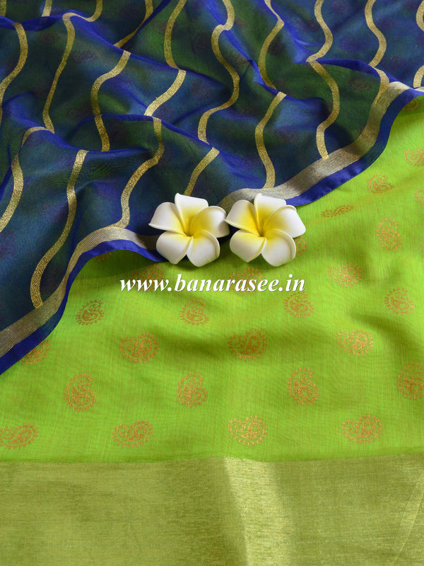 Banarasee Chanderi Salwar Kameez Gold Buta Fabric Dupatta-Green & Blue