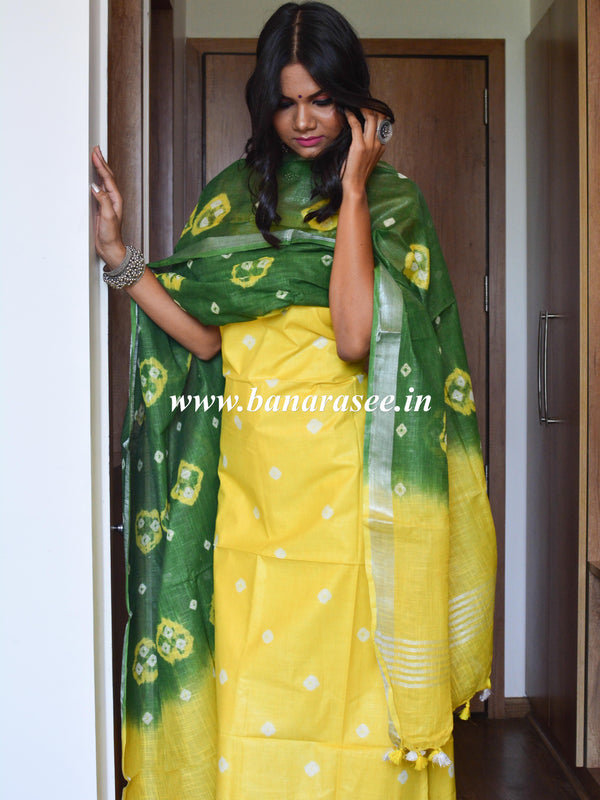 Bhagalpuri Silk Cotton Suit Set With Shibori Dye Design-Yellow & Green