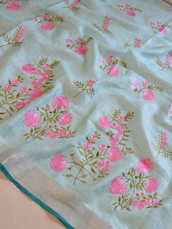 Banarasee Handloom Pure Linen Saree With Embroidery Work-Sea Green