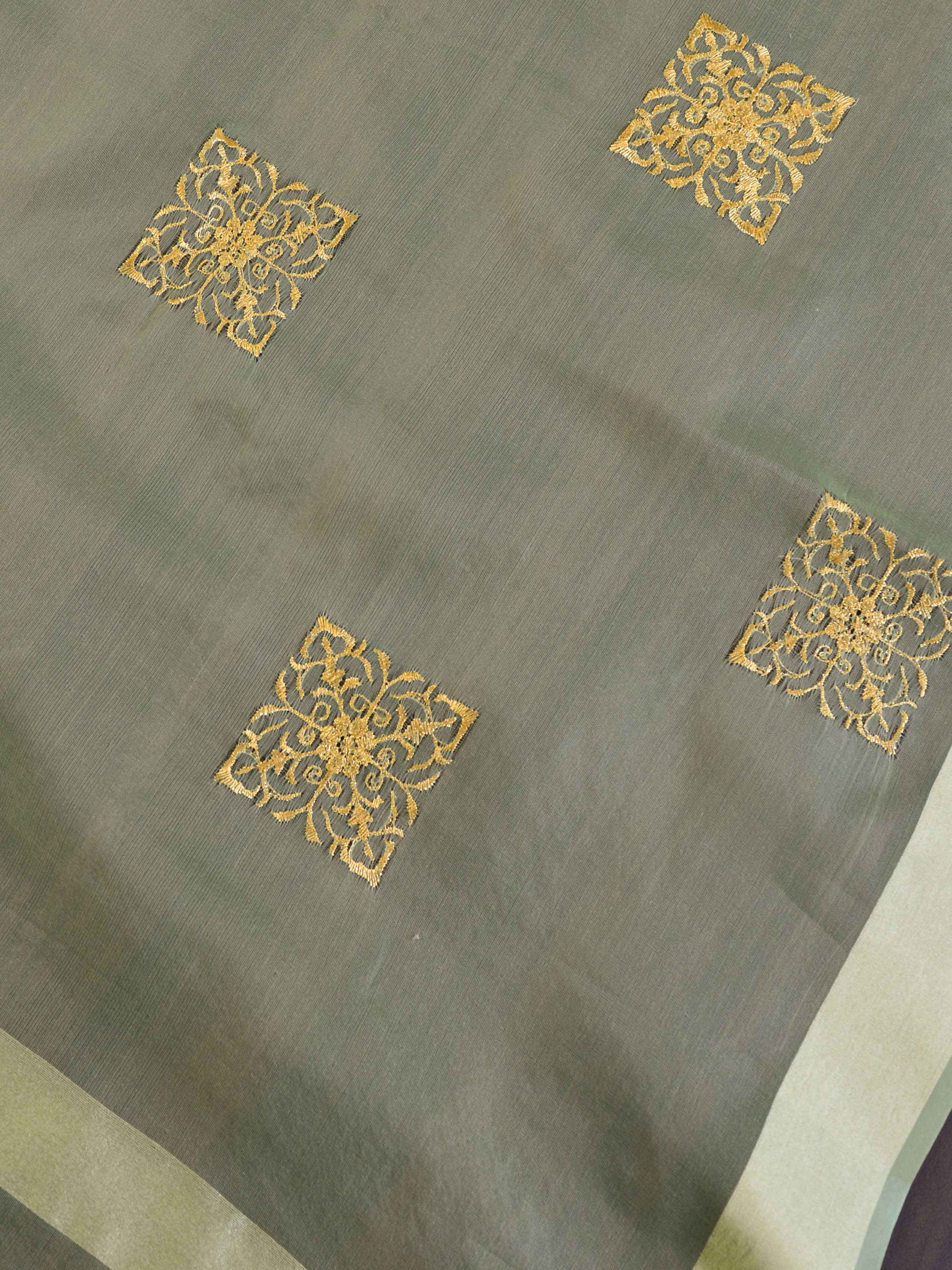 Banarasee Embroidered Gold Buta Design Organza Dupatta-Green