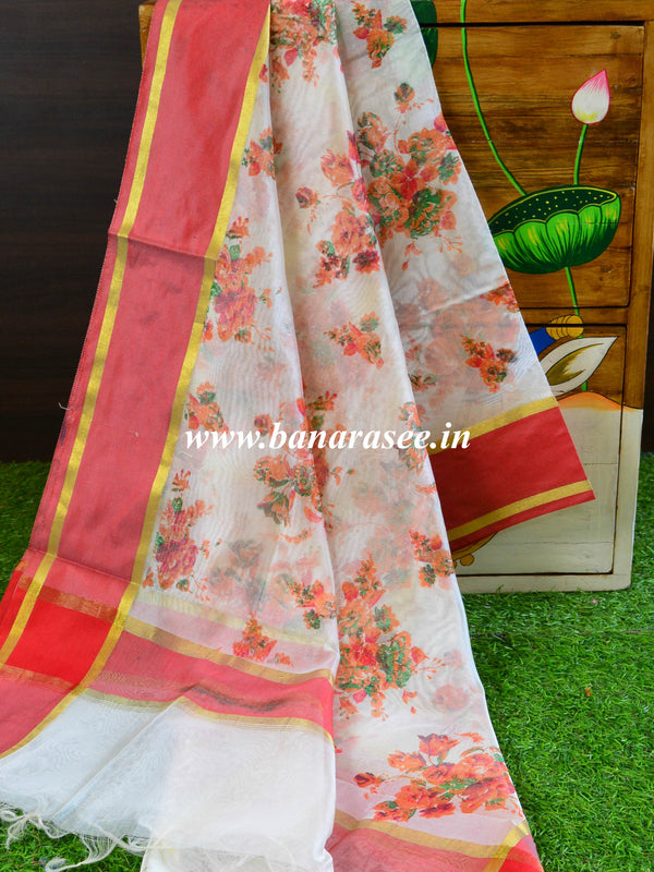 Banarasee Chanderi Cotton Dupatta With Hand-Block Printed Floral Design-White
