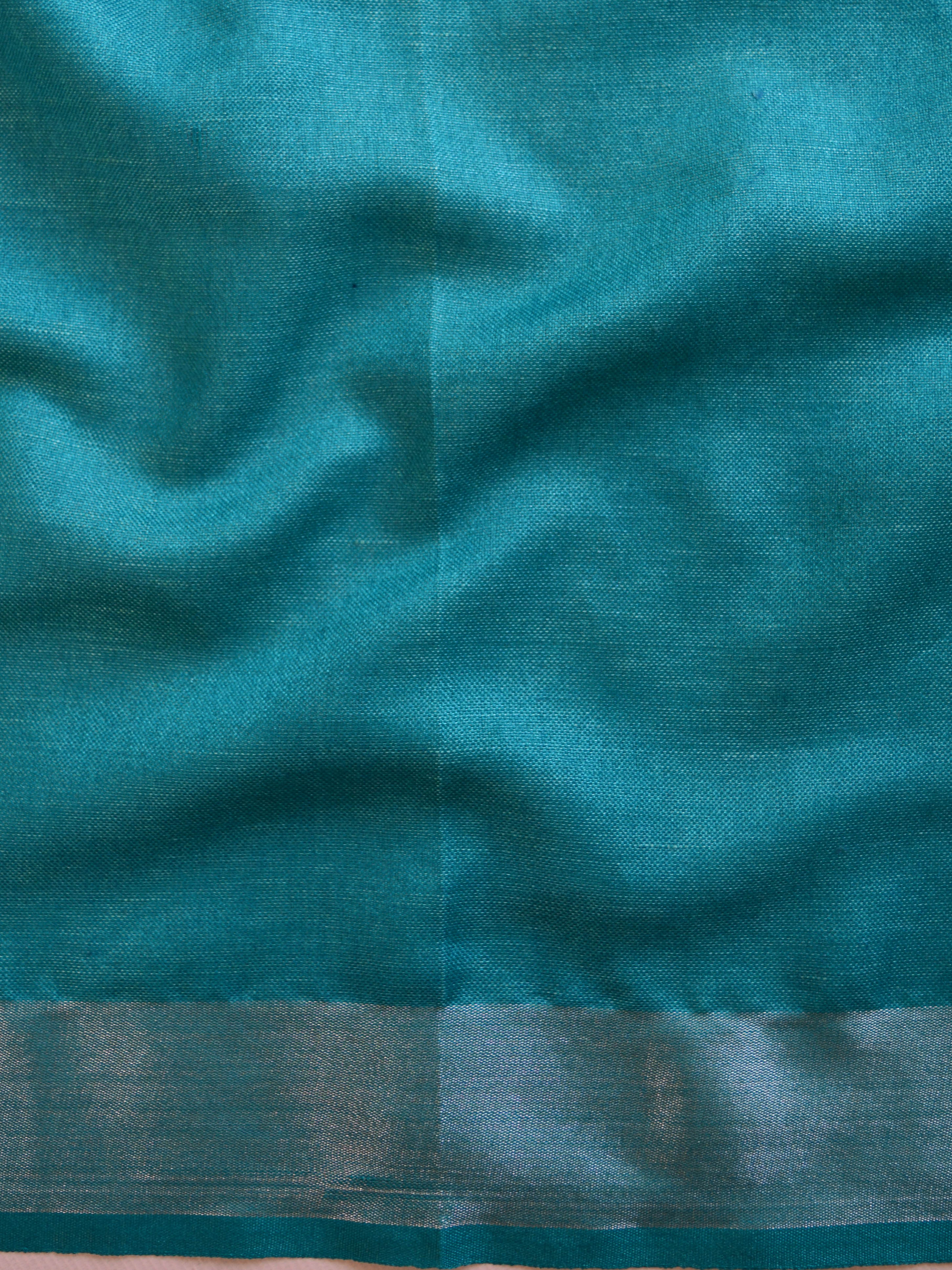 Banarasee Handloom Pure Linen Saree With Embroidery Work-Sea Green