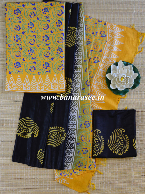 Bhagalpuri Salwar Kameez Glossy Cotton Silk Hand-Block Printed Fabric-Yellow & Black