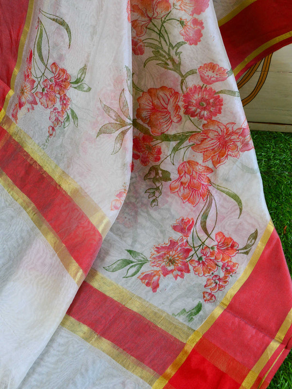 Banarasee Chanderi Cotton Dupatta With Hand-Block Printed Floral Design-White