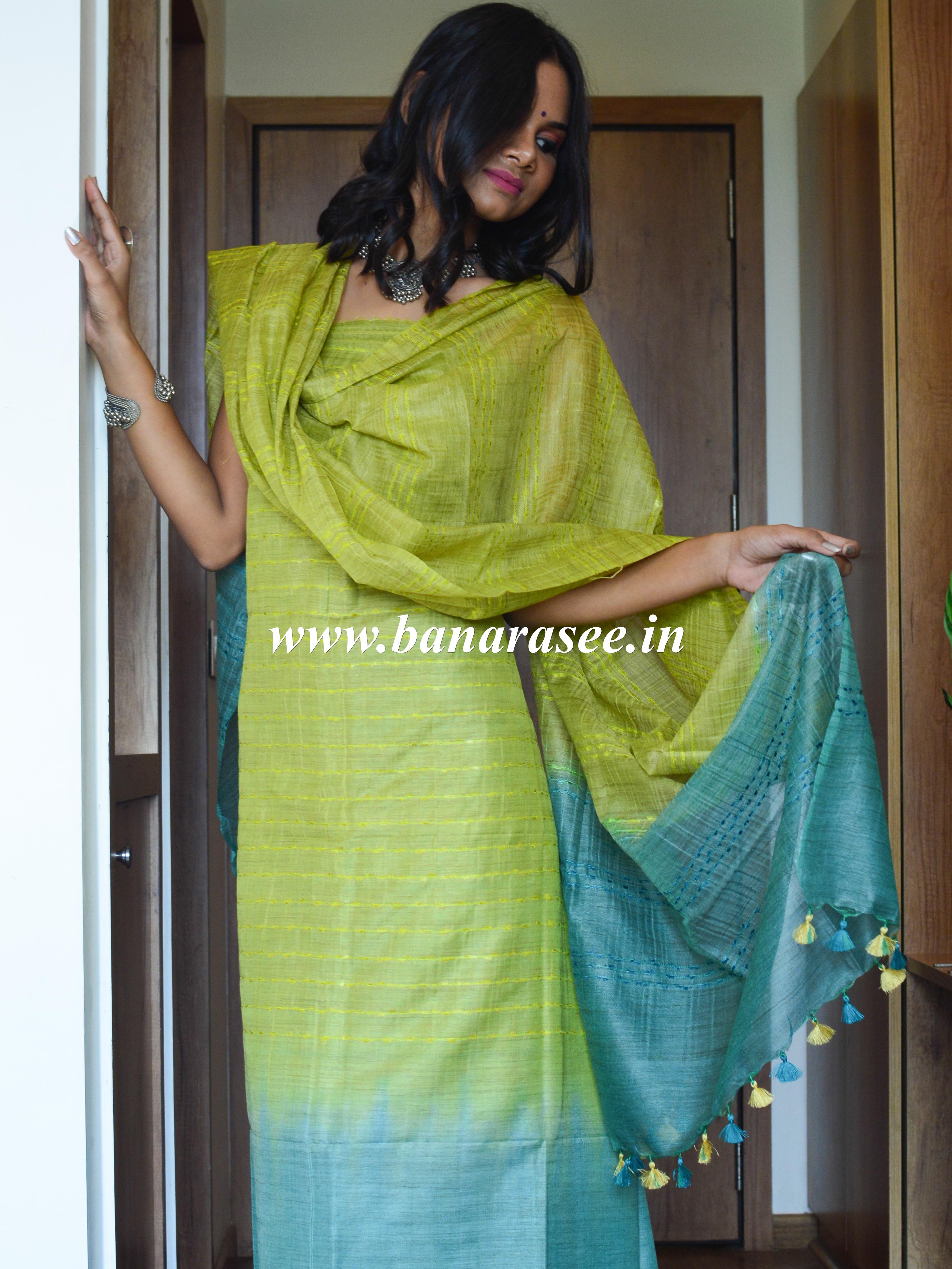 Bhagalpuri Jute Silk Cotton Suit Set With Shaded Dupatta & Kameez-Gree Bhagalpuri Jute Silk Cotton Suit Set With Shaded Dupatta & Kameez-Gree