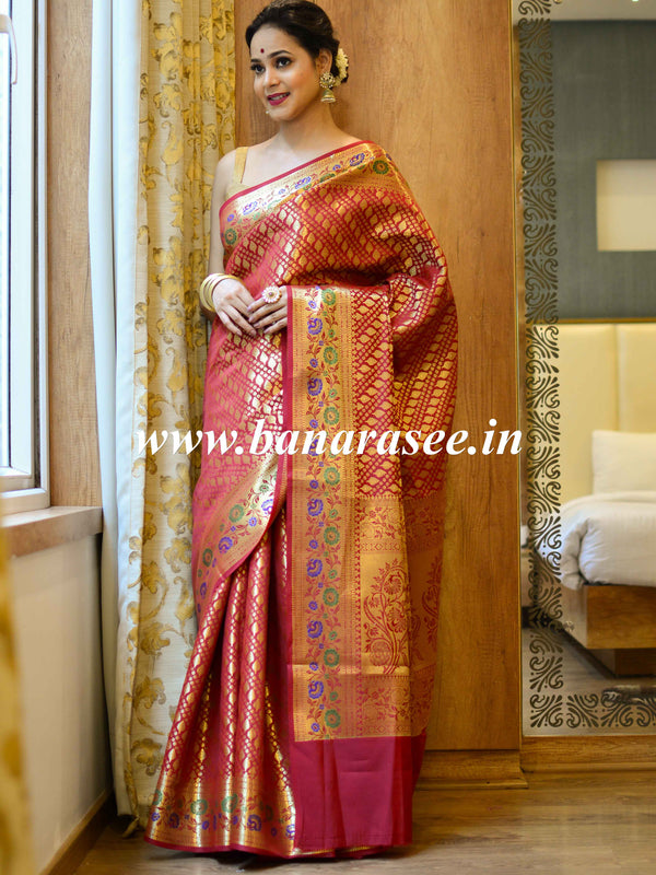 Banarasee Art Silk Saree With Zari Buta & Border-Maroon